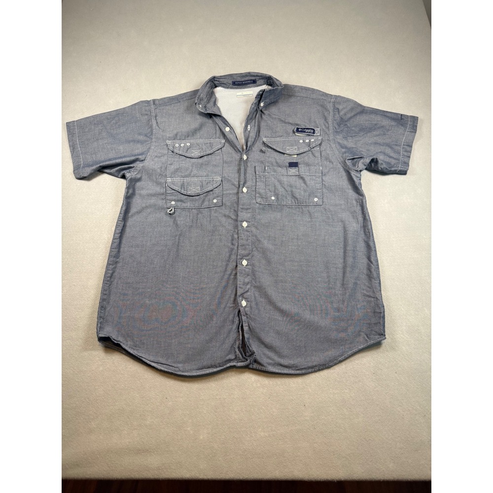 Columbia PFG Super Bonehead Fishing Shirt Mens Med Blue Short Sleeve Button Up